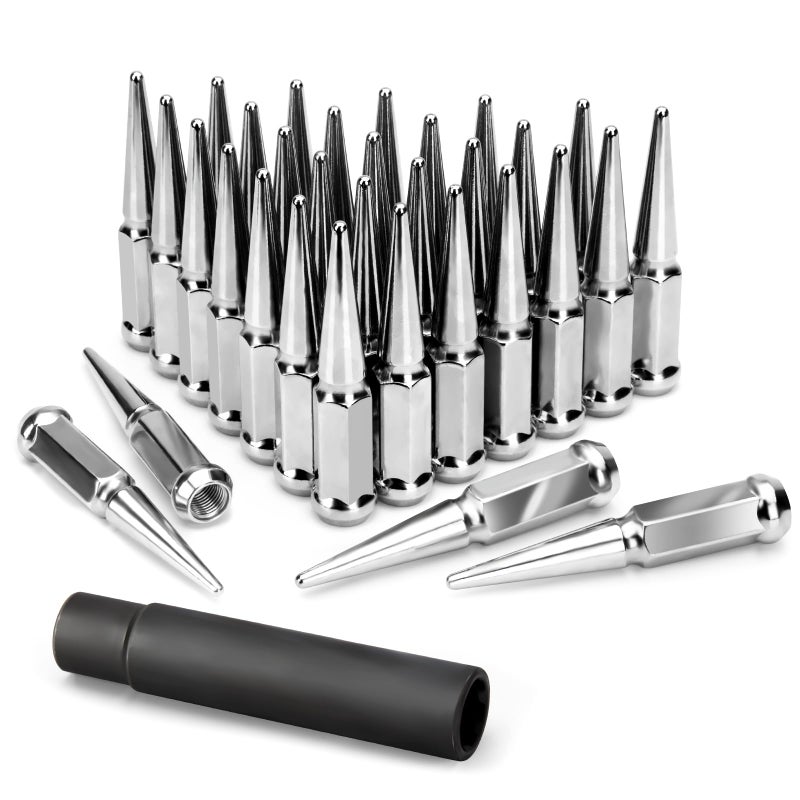 KSP PERFORMANCE KSP M14X1.5 Spike Lug Nuts, 32PCS Chrome 14mmx1.5 Wheel Spiked Lug Nut for Silverado Sierra 1500 2500 3500 F150 F250 F350, 19mm Hex Closed End Nut with 1 Socket for Aftermarket Wheel - Image 1